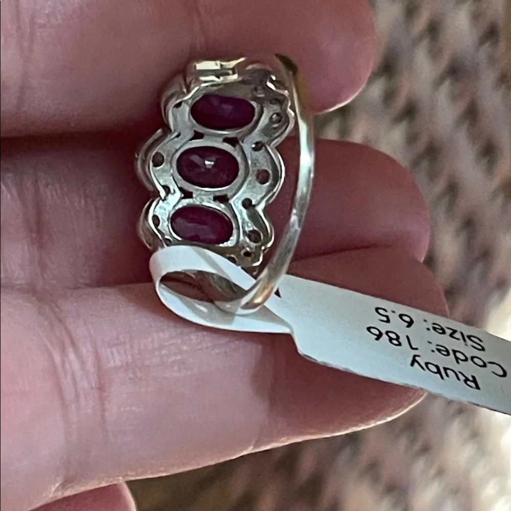NWT Natural Ruby 3 stone (7X5mm each) Ring w/ CZ accents in 925 Silver Size 6.5